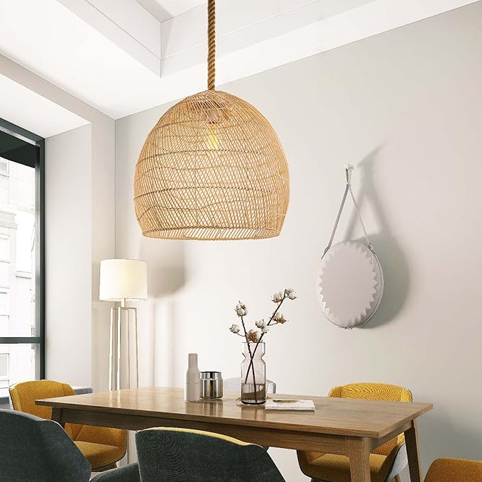 Arturesthome Natural Rattan Pendant Light for Kitchen Island, Woven Rope Lamp Shade, Hanging Ceiling Light Shade, Handmade Lampshade Chandelier D 23.6in*21.6in