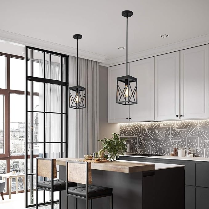 Modern Black Pendant Light with Metal Cage, One-Light Adjustable Rods Industrial Mini Pendant Lighting Fixture for Kitchen Island Cafe Bar Farmhouse, Black