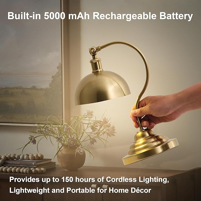 Cordless LED Table Lamp Set of 2, Battery Operated Desk Lamps with Swing Arm & Plastic Shade, Vintage Small Rechargeable Dimmable Light for Bedroom, Living Room, Nightstand, Brass