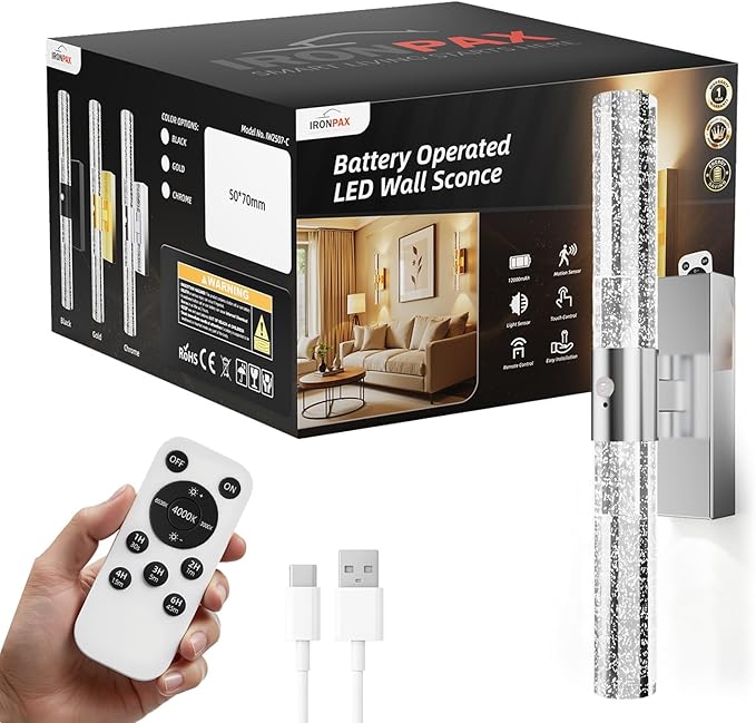 Motion Sensor Wall Sconces Battery Operated, Rechargeable Wall Sconce, 3CCT Battery Wall Sconce, 12000mAh Dimmable with Remote for Bedroom, Living room, Hallway Decor (15.3 inch – Chrome - 1 Pack)