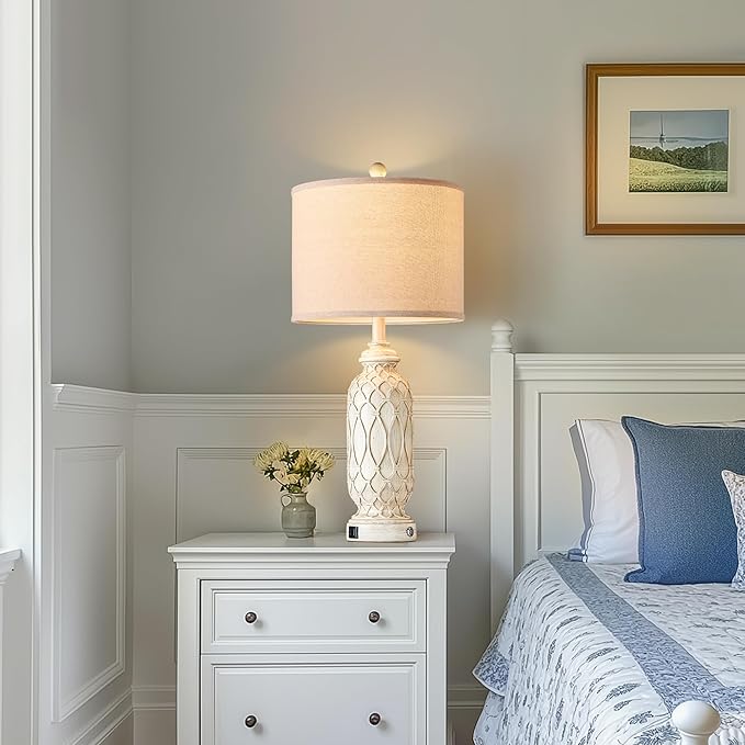 Farmhouse Lamps for Living Room Set of 2, 28" Table Lamps for Bedroom with USB A+C Charging Ports, Touch Lamps for Nightstand, 2 Bulbs Included