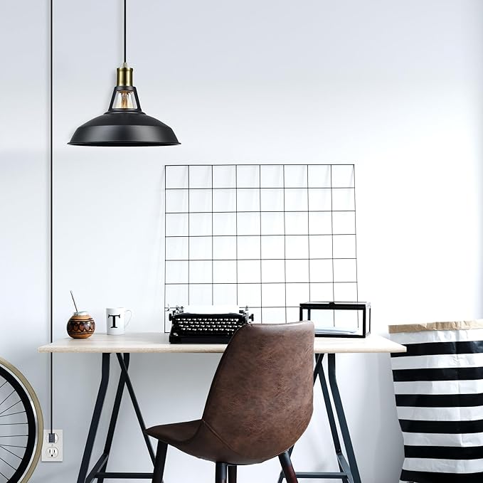 GLOBE Electric 65712 Robin 1-Light Plug-in or Hardwire Pendant, Satin Black, Antique Brass Accents, 15ft Black Woven Fabric Cord, in-Line On/Off Rocker Switch