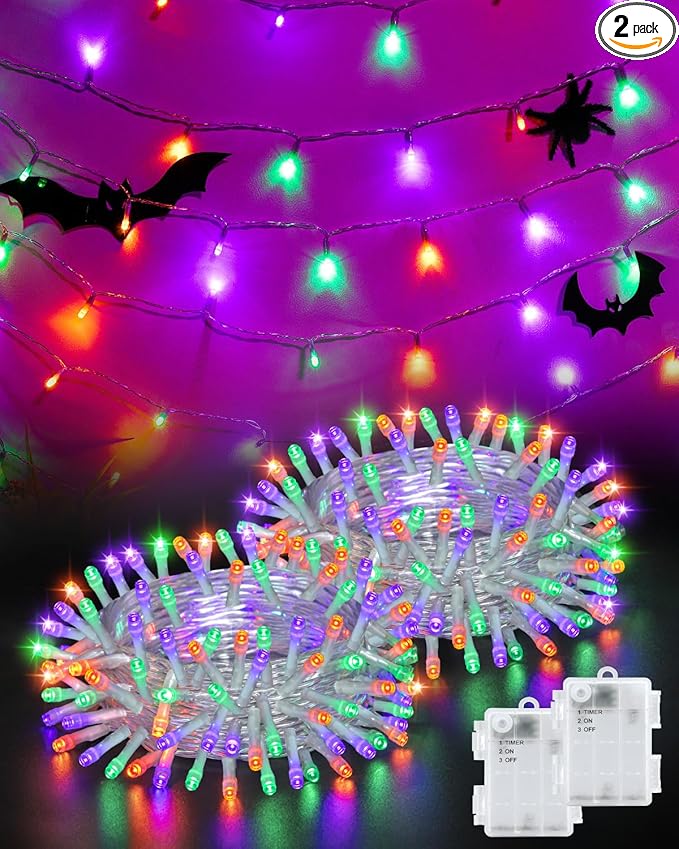 Halloween String Lights Battery Operated, Orange Purple and Green Lights with Timer Waterproof 16.4ft 50 LED Halloween Decorations for Outdoor Indoor Patio Party Garden Yard Decor