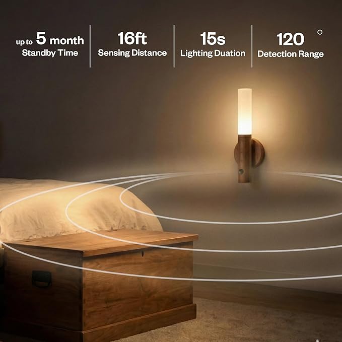 Motion Sensor Night Lights – 4 Pack Rechargeable Magnetic LED Sconces for Bedroom, Hallway & Picture Lighting + 4-in-1 Charging Cable (Oak Yellow)