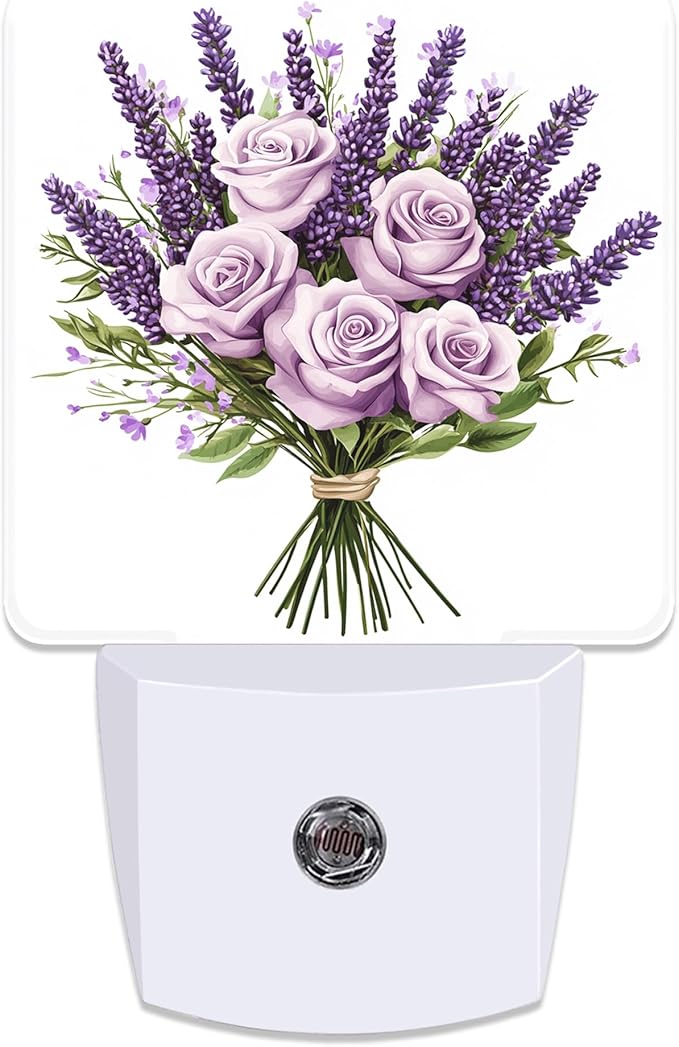 Purple Lavender and Rose Flowers Night Light for Kids, Dusk-to-Dawn Auto Sensor Plug in Night Light, 0.5W Energy Saving Non-Toxic Design for Bedroom/Bathroom, Ideal Gifts for Women, Men & Kids