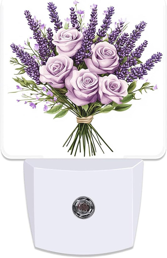 Purple Lavender and Rose Flowers Night Light for Kids, Dusk-to-Dawn Auto Sensor Plug in Night Light, 0.5W Energy Saving Non-Toxic Design for Bedroom/Bathroom, Ideal Gifts for Women, Men & Kids