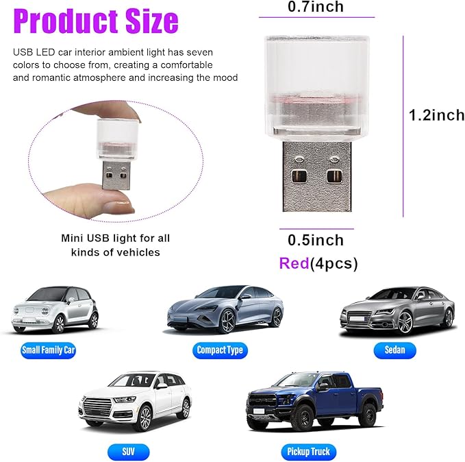 4 PCS USB LED Car Interior Atmosphere Lights, Plug-in USB Automotive Interface Charging Night Lamps, Mini Vehicle Interior LED Atmosphere Light for Car, Bedroom, Hallway (Red)