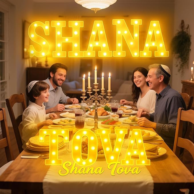 9 Pcs Shana Tova Large LED Letter Signs Rosh Hashanah Decor LED Lights Battery Powered Shana Tova Party Table Decorations for Party Rosh Hashanah Tabletop Decorations
