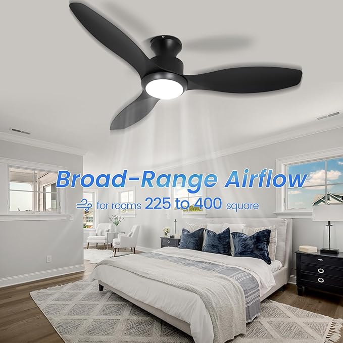48" Ceiling Fan with Light amd Remote, Black Flush Mount Ceiling Fan with 3 Blades,3 Color Light, 6 Speed, Queit DC Motor, for Indoor/Outdoor/Bedroom/Living Room/Patios, Black
