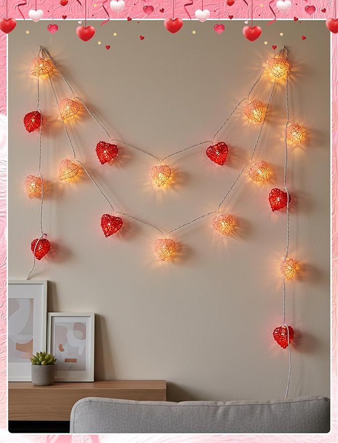 8.5ft Valentine’s Day Heart String Lights Plug in, Vintage Rattan Lights with 10 LED Red Pink Shatterproof Bulbs, Fairy Lights for Indoor Outdoor Home Decor Wedding Party Birthday, Warm White
