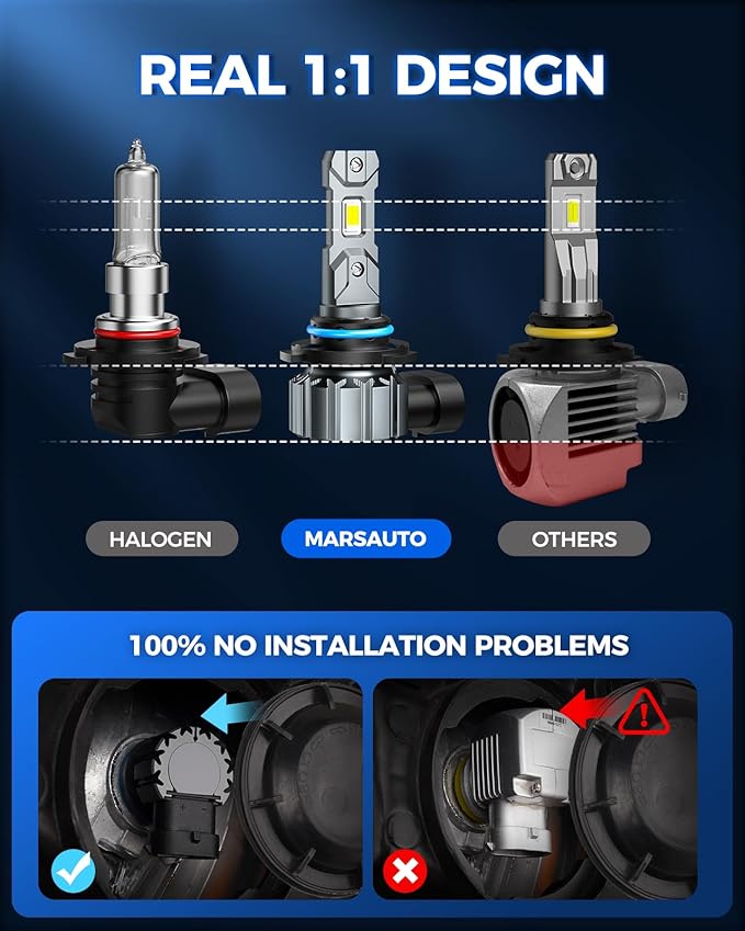 Marsauto 9005/HB3 9006/HB4 Light Bulbs Combo, 60,000LM Super Brighter M1S 9005 9006 Bulbs or Fog, 1:1 Design HB3 HB4 Lights Combo, 6000K Cool White, 3 Min Plug and Play, IP68, Pack of 4