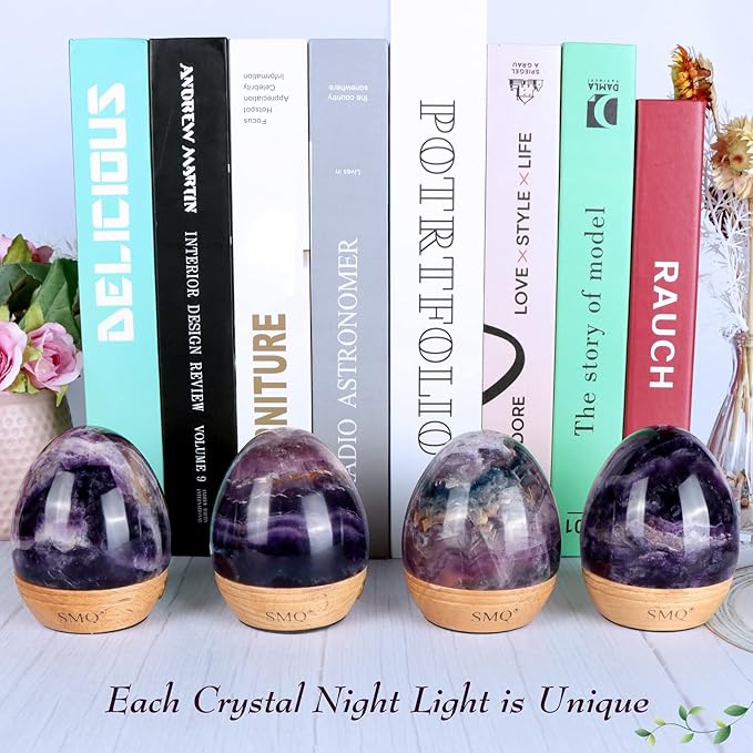 SMQ Egg-Shaped Rainbow Fluorite Crystal Night Light USB Chargeable Dimmable Touch-Control Gemstone Night Warm Cold LED Bedside Table Lamp for Kids,Adults Living Bedroom Decor