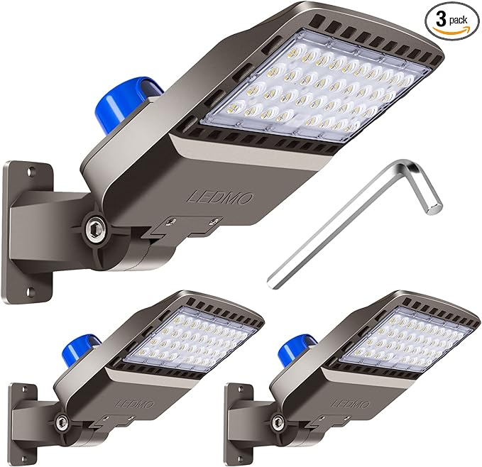 ledmo LED Parking Lot Light Dusk to Dawn Outdoor Lighting with Adjustable Arm Mount 19500lm Waterproof Wall Light Fixtures 150W Flood Security Lighting for Garage Yard Shop Warehouse Barn(3 Pack)