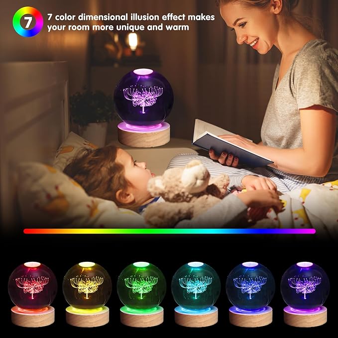 3D Flower Crystal Ball Lamp,3.15inch Multi-Color Changing Bedroom Decor Night Lights,Christmas Birthday Gifts for Boys, Girls