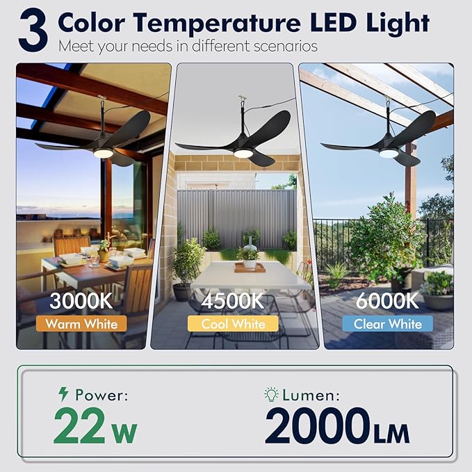 52 inch Outdoor Ceiling Fan with Light Waterproof - Plug in Hanging Hook for Patio, Porch, Gazebo - Wet Rated Weatherproof Exterior Black 3 Blades Ceiling Fan with Remote