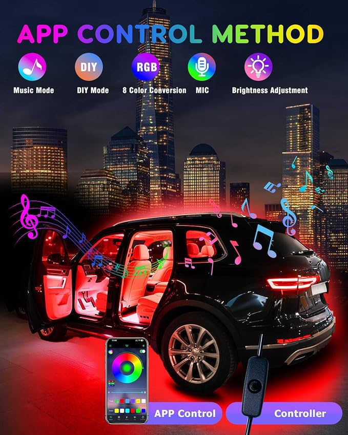 Car LED Lights Interior, RGB Under Dash Foot Well Lighting Kit with DIY Mode, Mult-Color Light for Car with APP Control and Button Control, Music Sync USB 5V DC
