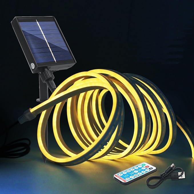 KISUFU 12V COB Led Strip Lights with 1.2W USB Controller Support Solar Panel, IP68 Waterproof Flexible 320 LEDs/m LED Tape Lights for Courtyard Garden Eaves Decoration Outdoor Party Decoration.