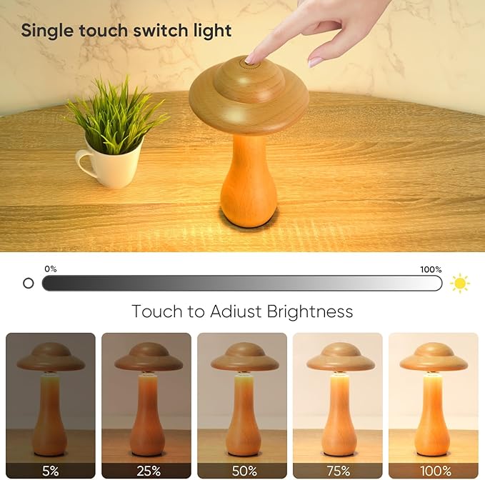 Portable Cordless Touch Switch Small Wooden Mushroom Lamp,Rechargeable Battery Operated, Stepless Dimming, 360 Degree Rotation Angle Adjustable Night Light