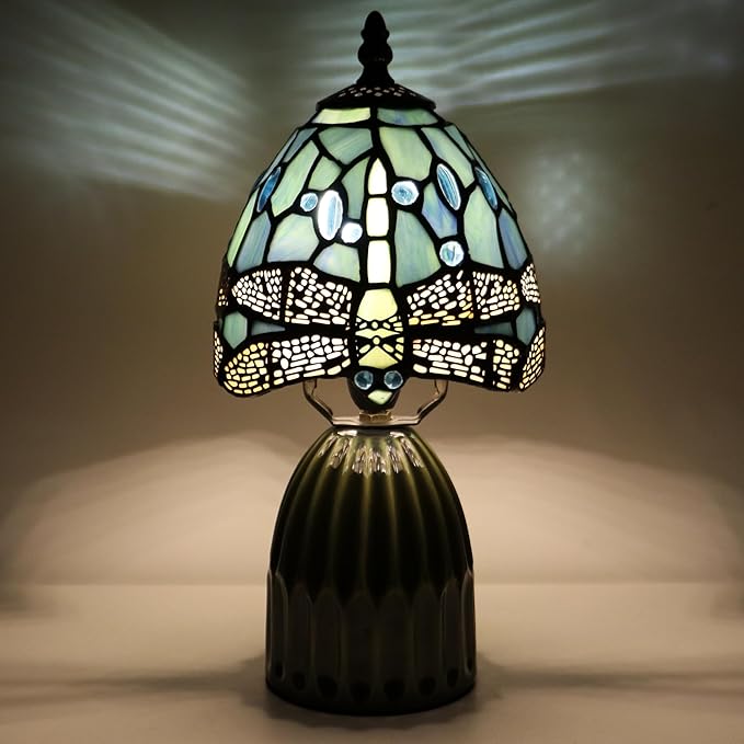 Tiffany Lamp Stained Glass Mushroom Table Lamps 6X6X12.5 Inch Sea Blue Dragonfly Style Small Night Light Ceramic Base Mini Accent Desk Light Suitable for Bedside Table Bedroom Children Room