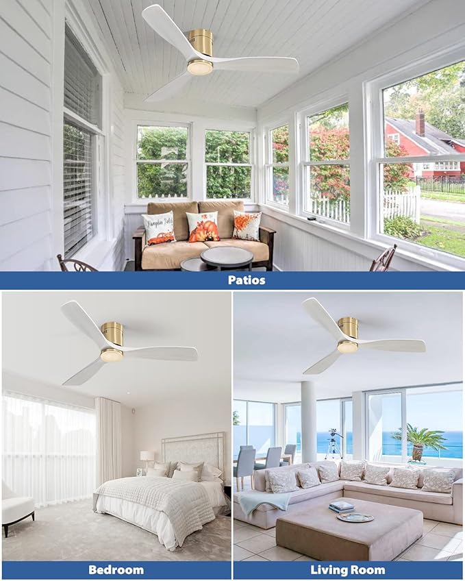 52'' Low Profile Ceiling Fans No Light with Remote Control, Flush Mount Ceiling Fan Without Lights,Outdoor Ceiling Fan for Patios Noiseless DC Motor,White wood blades Golden body