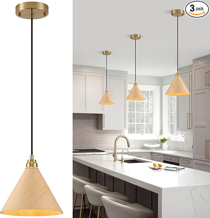 3 Pack Pendant Lights Kitchen Island, 8.3” Modern Pendant Light, Adjustable Height Wood Hanging Light, Kitchen Island Light fixtures for Dining Room, Bedroom, Hallway, Bar(Natural Wood)