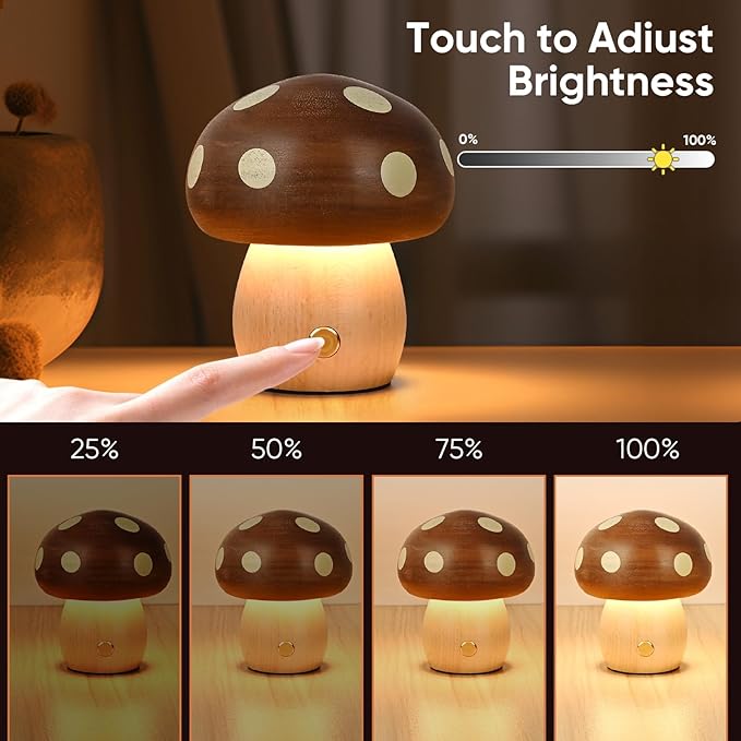 Cordless Wood Mushroom Lamp, Small Battery Operated Wooden Table Lamp Portable Night Light, 3-Level Dimmable Touch Control Warm LED Light for Bedroom, Nursery, Patio Decor