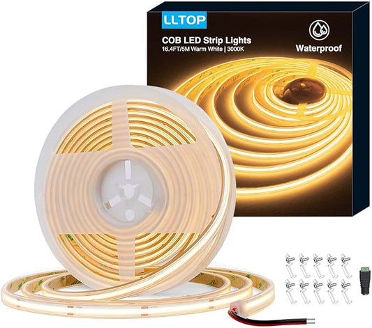 COB LED Strip Lights Waterproof IP67 DC24v Warm White 3000K 16.4ft/5m High CRI 92Ra+ Outdoor LED Tape Lighting DIY Cuttable for Bedroom Kitchen Cabinet Shelf (Power Supply Not Included)