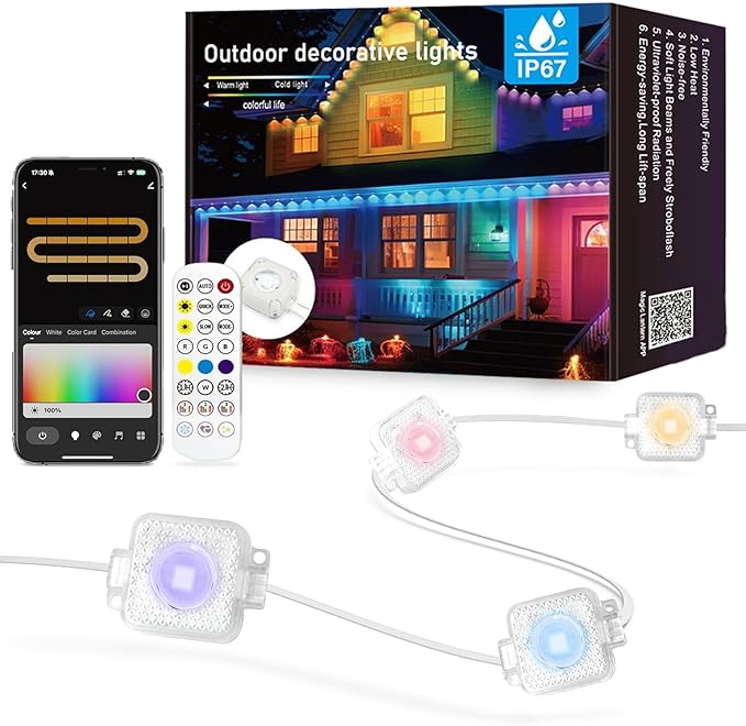 Permanent Outdoor Lights, 100ft with 72 LED Lights, IP67 Waterproof, 75 Scene Modes for Patio, Eave, Outdoor Decor, Compatible with Alexa, Google Assistant, White