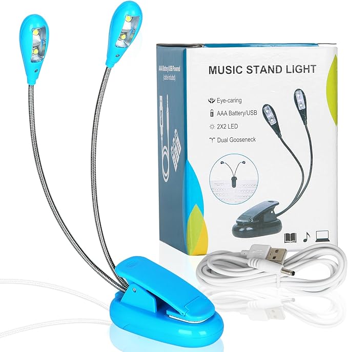 TEECOO Music Stand Light, Clip on LED Book Lights, USB and AAA Battery Operated, Reading Lamp in Bed, 4 Brightness Levels, Ideal for Musician, Piano Player, Travel (Dual Arm, Blue)