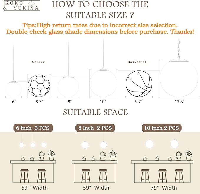 KoKo&Yukina 6-inch mini Modern Globe Pendant Light Clear Glass with Black Finish Contemporary Mid Century Adjustable Hanging Light Fixture for Living Room Bedroom Kitchen Island (Bulb Incl.)