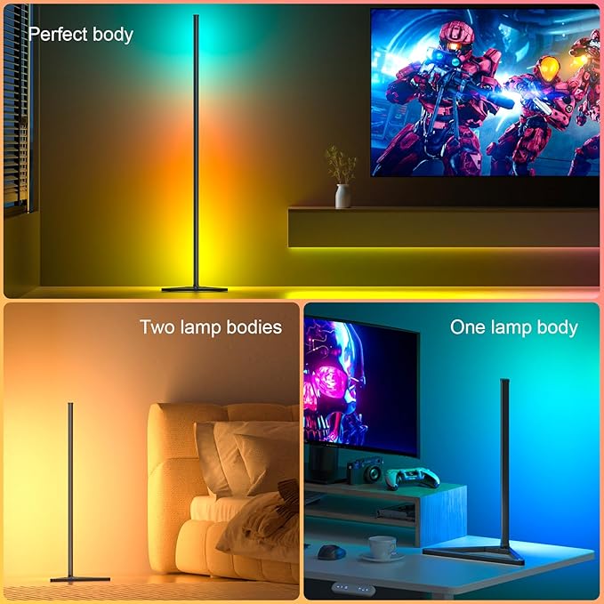 MIHEAL 2PCS Black Corner Floor Lamp, Synced Lights LED Control Floor Lamp RGB Light 56" Smart LED Corner Lamp App and Remote for Living Room Gaming Bedroom and Etc