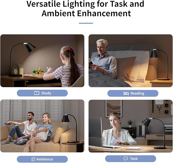 AXX TU08 LED Small Desk Lamp with USB Charging Port, 650 Lumens 3-Color Modes, 5-Touch Dimming, 30/60-Minute Timer, 18-Inch Black Table Light for Reading, Home Office, College Dorm Room Accessories