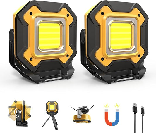 2 Pack Rechargeable LED Work Light, 6000mAh 16 Hours Long-Lasting Cordless Magnetic Light, IPX5 Waterproof, 360°Rotate Portable Flashlights, Battery Lamp for Car Repair&Camping, Gifts for Men