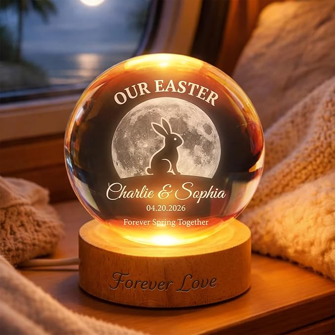 Personalized Our Easter Crystal Ball LED Night Light, Custom Couple Name Bunny Moon Glass Globe Lamp with Wooden Base, Romantic Easter Keepsake Gift for Him Her Anniversary Décor
