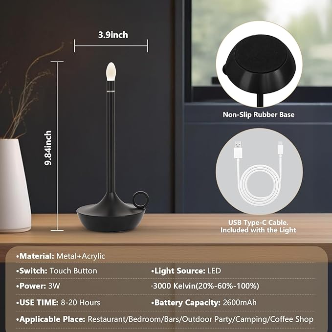 ModernPortable Table Lamp CordlessLED Desk Lamps, 3 Colors Stepless Dimming Rechargeable Battery Operated Lighting for Bedroom Dining Room Restaurant Coffee Shop Camping Night Light (Black)
