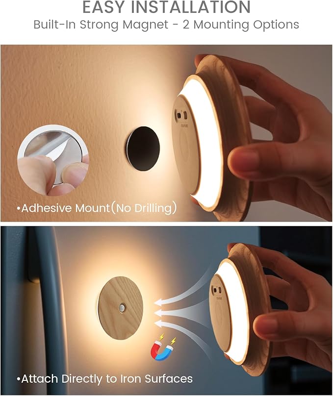 Motion Sensor Night Light Wood, Rechargeable Battery-Powered Magnetic Stick-On Night Light Wall Light for Indoor Stairs, Hallway, and Bedroom, Ash Wood