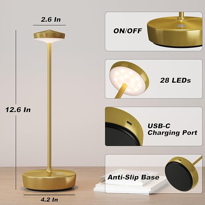 Cordless Table Lamp Rechargeable 2Pack - LED Battery Table Light with 3 Color Temperatures, Stepless Dimming, Waterproof Aluminum for Indoor Outdoor, Patio, Restaurant, Dinner (Brushed Gold)