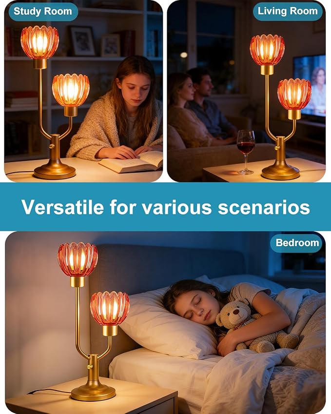 Lightdot Mid Century Modern Glass Table Lamp Gold Dimmable U-Shaped Desk Lamps with Deep Red Glass Shade& 2Pcs 3000K Warmwhite Bulbs Included Bedside Nightstand Lamp for Living Room Bedroom