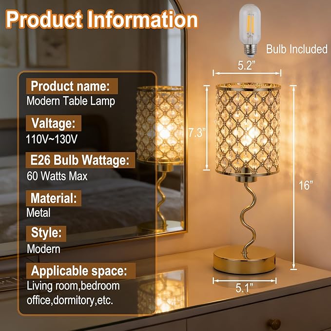 Crystal Table Lamp with 3 Way Dimmable Touch Control, Nightstand with USB A+C Ports, Modern Bedside Touch Lamp for Bedroom, Living Room, Office Reading, Gold