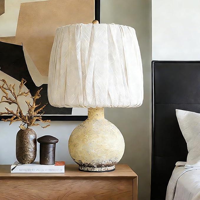15.5" Antique Ceramic Table Lamp, Small Farmhouse Desk Lamp with Pleated Lampshade, Modern Table Lamps for Bedside Bedroom and Living Room - Side Table Lighting Lamps Replacement (White)