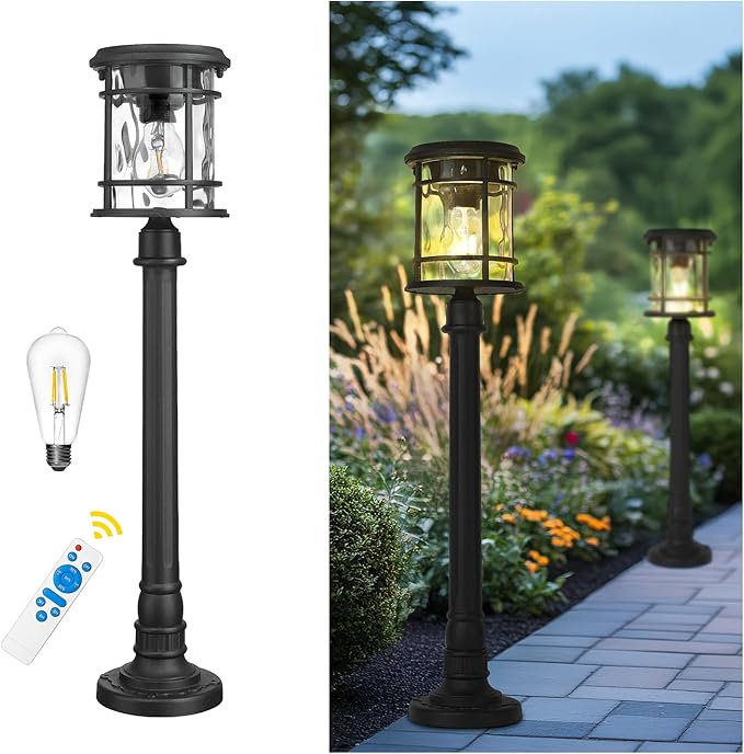 Emliviar Outdoor 28“ Solar Powered Floor Lamp for Patios, Portable Cordless Solar Pathway Light Outside with Water Ripple Glass, Black LED Post Lantern 2700K for Yard, Balcony, XE229PL-S SL BK