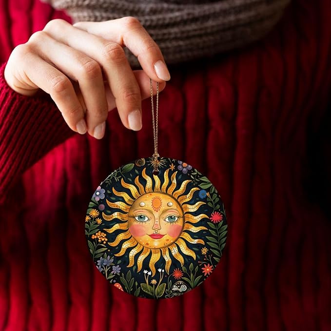 Sun Mushroom Flower Christmas Ornaments, Christmas Decorations Xmas Tree Hanging Ornaments, Round Ceramic Festive Keepsake Gift for Xmas Decorations Holiday Home Decor