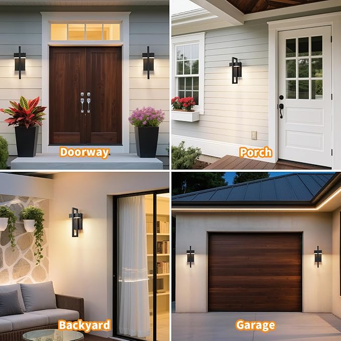 tewei LED Outdoor Wall Sconce Dusk to Dawn Outdoor Lighting, Modern Exterior Lighting Fixtures, Black LED Front Porch Lights Outside Wall Mount Lights for House, Hallway, Warm White 3000K, 2 Pack