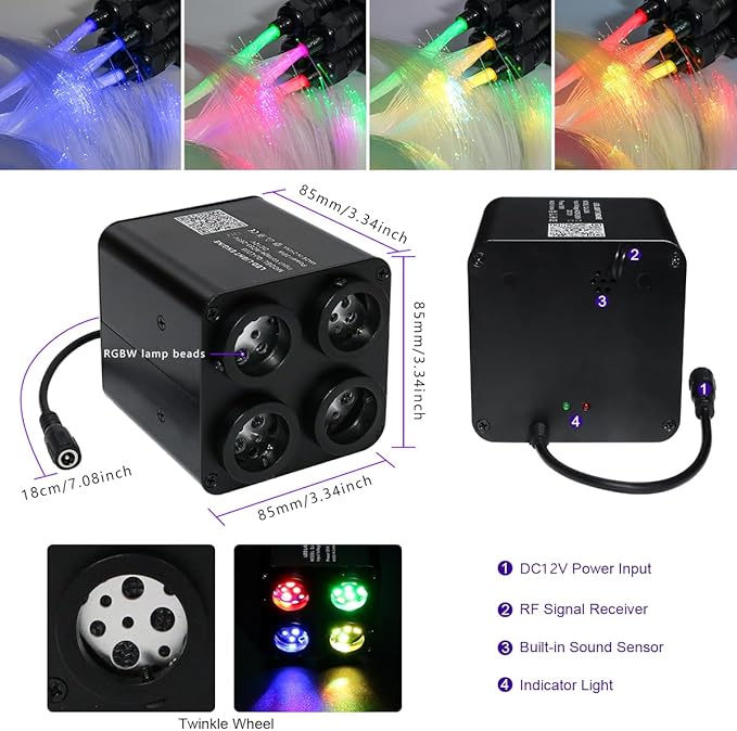 AZIMOM 4color 36W Twinkle Fiber Optic Starlight Box, 4Port Light Source Sound Activated Remote APP Control for Home Indoor Ceiling Car Headliner Star Lighting Decoration