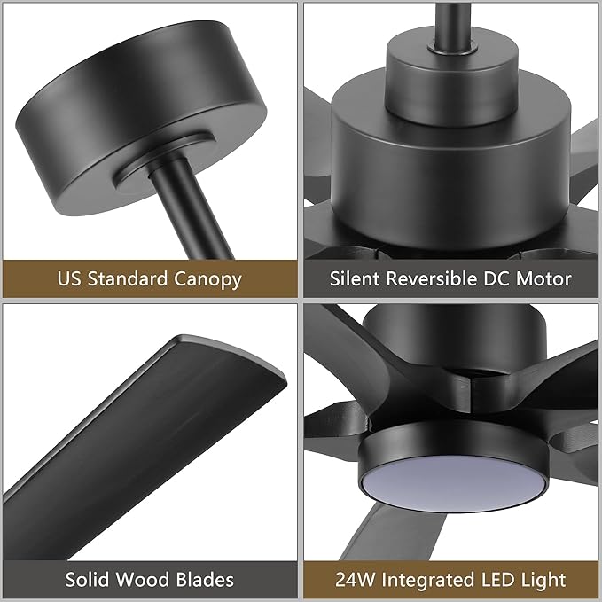 ELEHINSER 52" Modern Ceiling Fan with Light and Remote Control, 5 Solid Wood Blades 6-Speed Noiseless Reversible DC Motor, Ceiling Fan for Bedroom Dinning Living Room, Black