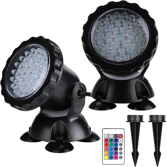 Pond Lights LED Underwater Color Changing Submersible Fountain Lights with Remote and Stake, 36 LED Bulbs Landscape Light Multi-Color for Aquarium Garden Pool