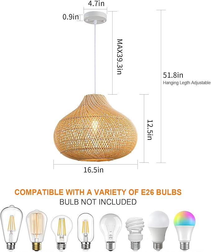 Rattan Pendant Light, 16.5" Hand-Woven Wicker Chandelier Boho Hanging Light Fixture, Farmhouse Natural Raindrop Basket Ceiling Light for Dining Room Kitchen Island Bedroom Living Room, E26