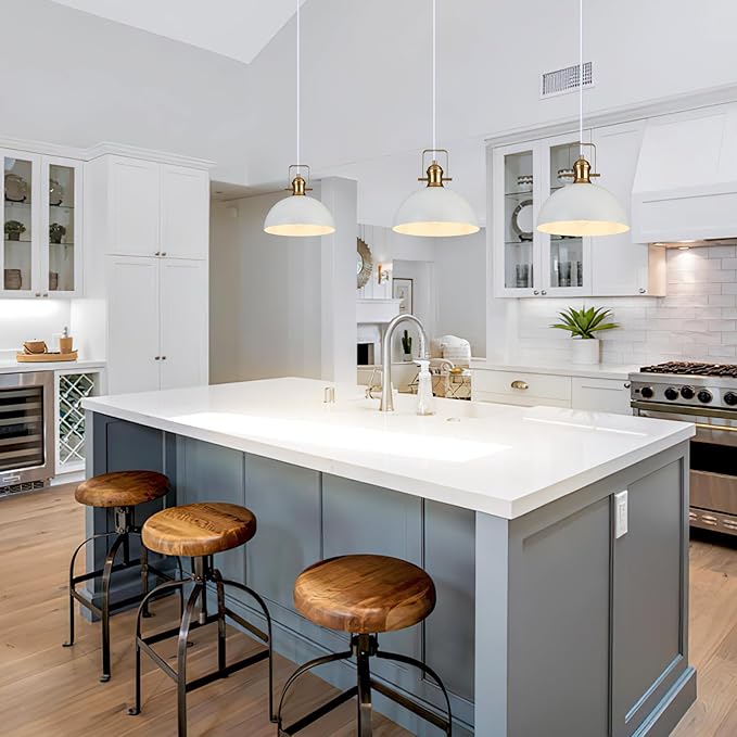 12 Inch Pendant Lights for Kitchen Island Matte White Farmhouse Pendant Light fixtures Adjustable Height Dome Hanging Light for Dinning Room Bedroom Hallway,3 Packs