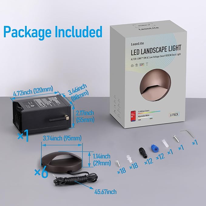 LEONLITE Alter-Link Series RGBCW LED Low Voltage Deck Lights, Bi-Flow Controller Included, 12V-15V AC Smart Low Voltage Landscape Step Lighting, 1800K-5000K Color Changing Fence Light, Pack of 6
