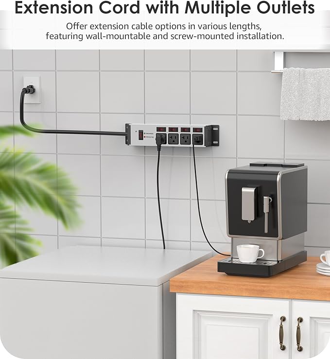 CCCEI Heavy Duty Surge Protector Power Strip 20 Amp Individual Switches. 6FT 12 Gauge Extension Cord with Multiple Outlets. Kitchen, Garage, Shop, Industrial Wall Mount Electric Extender, Grey.